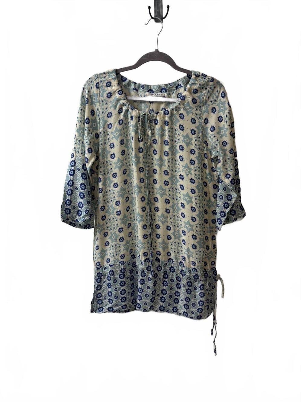 Paradise USA Women's Blue Floral Tunic Top with Drawstring Detail, Size Large